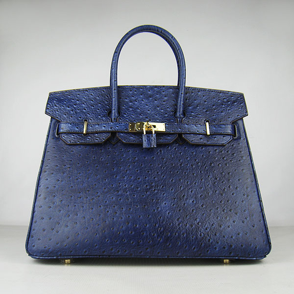 High Quality Fake Hermes Birkin 35CM Ostrich Veins Handbag Dark Blue 6089